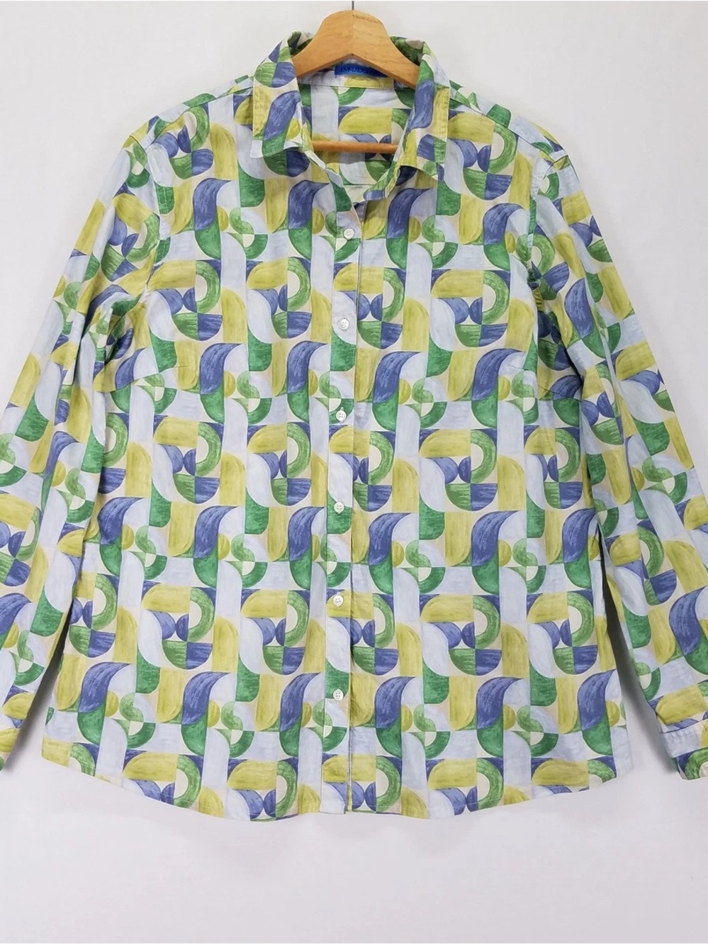 Womens Geometric Print Button-Front Blouse - Green/Blue/Yellow